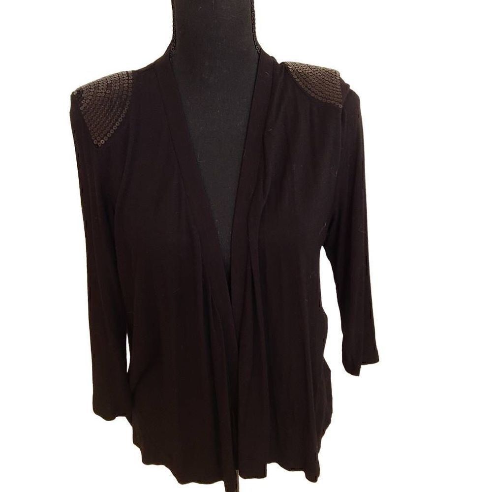 Ellen Tracy Women's Sequin Shoulder Padded Cardigan Jacket Black Medium